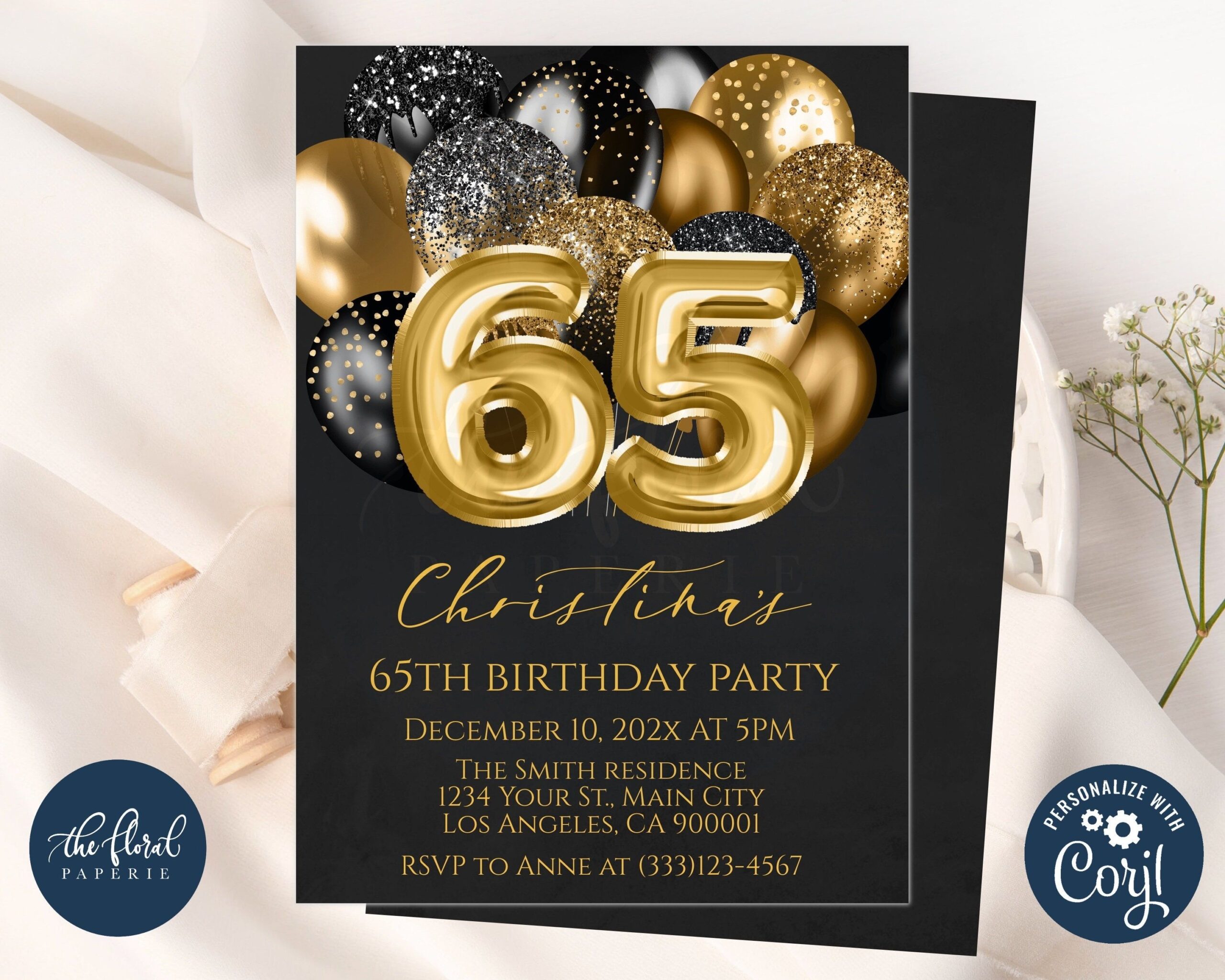 65th Birthday Invitation Template Editable Black And Gold Birthday 