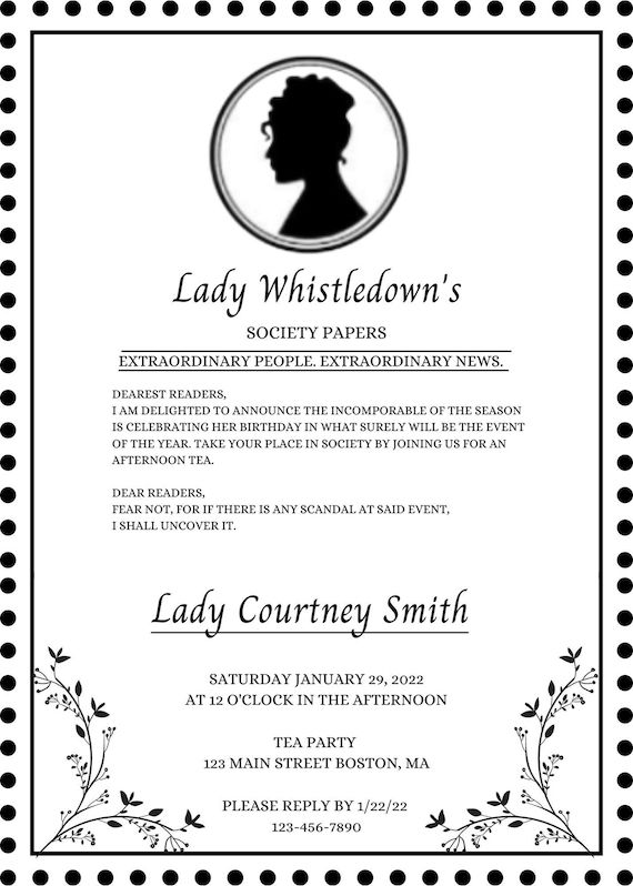 Bridgerton Theme Invitation Lady Whistledown 39 s Birthday Invitation 