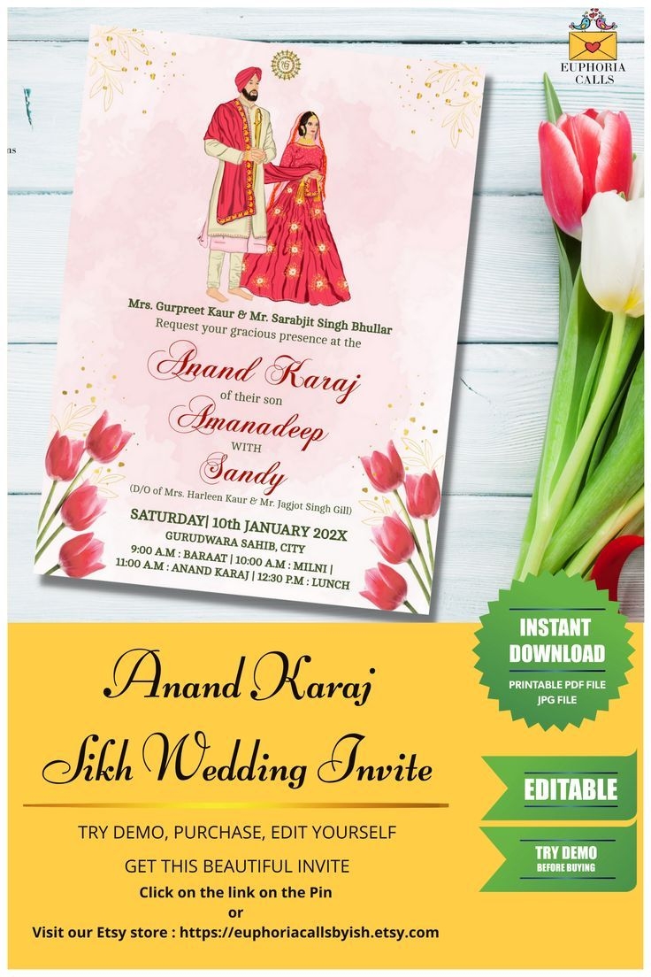 Buy EDITABLE Anand Karaj Sikh Wedding Invitation Template Punjabi 