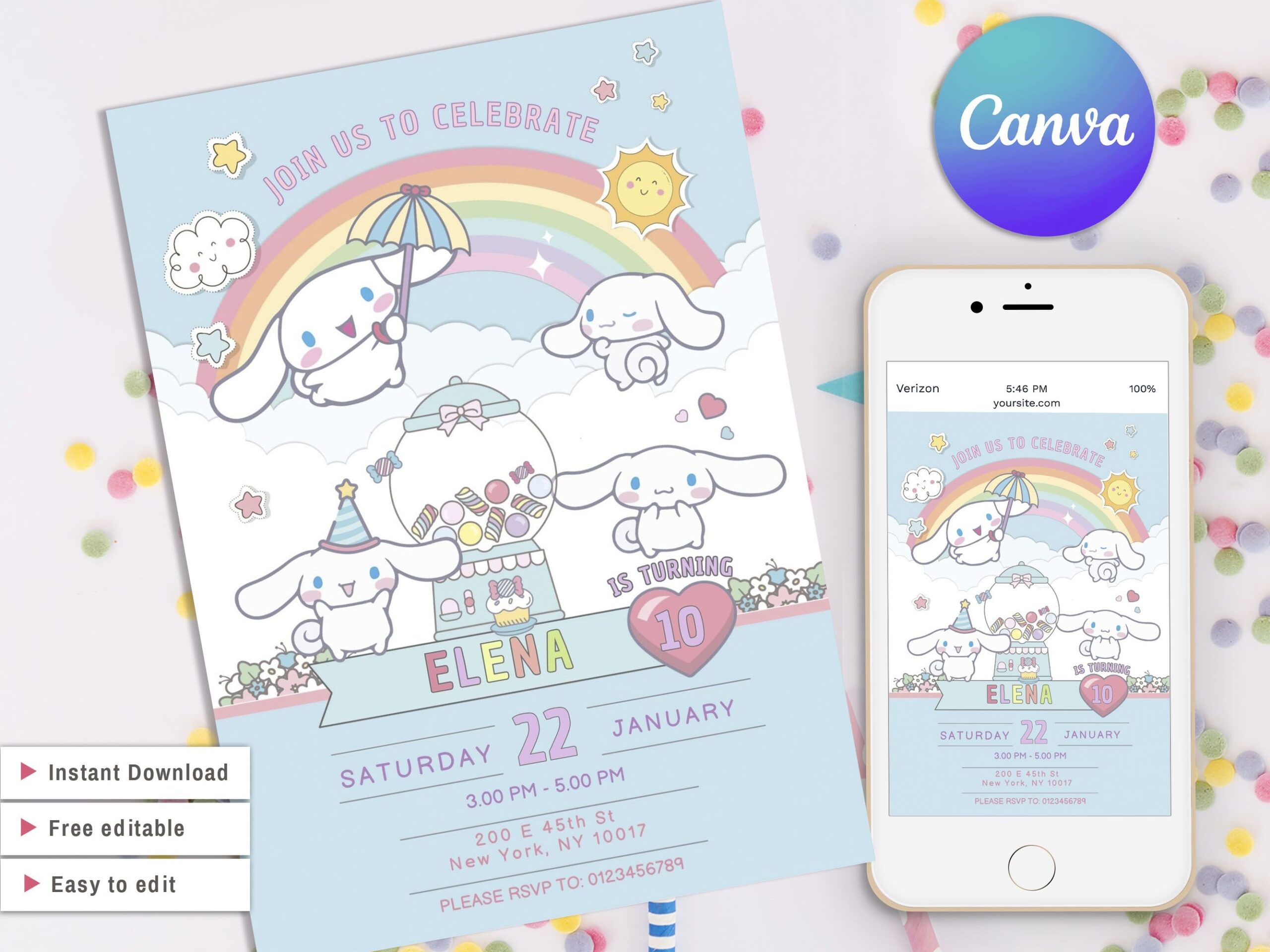 Cinnamoroll Birthday Invitation Template Hello Kawaii Cat I Inspire 