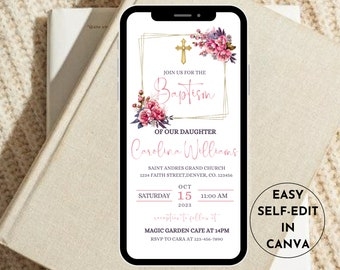 Digital Baptism Text Invitation Template Gold Rustic Pink Flowers Digital Baptism Text Invitation Template Gold Rustic Pink Flowers
