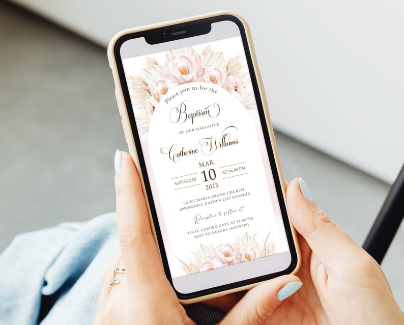 Digital Baptism Text Invitation Template Pampas Grass Blush Pink 