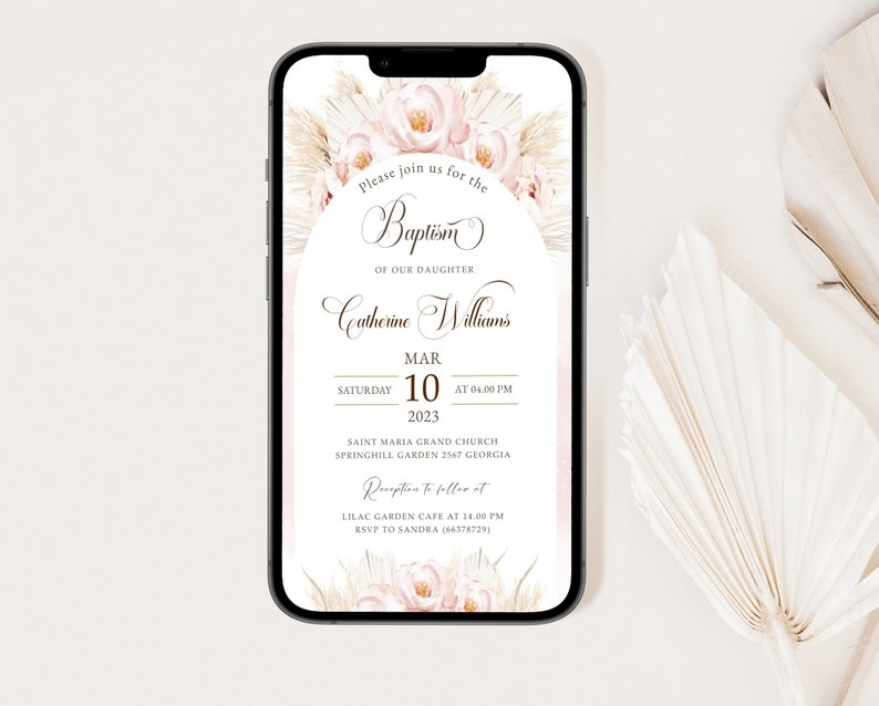 Digital Baptism Text Invitation Template Pampas Grass Blush Pink 