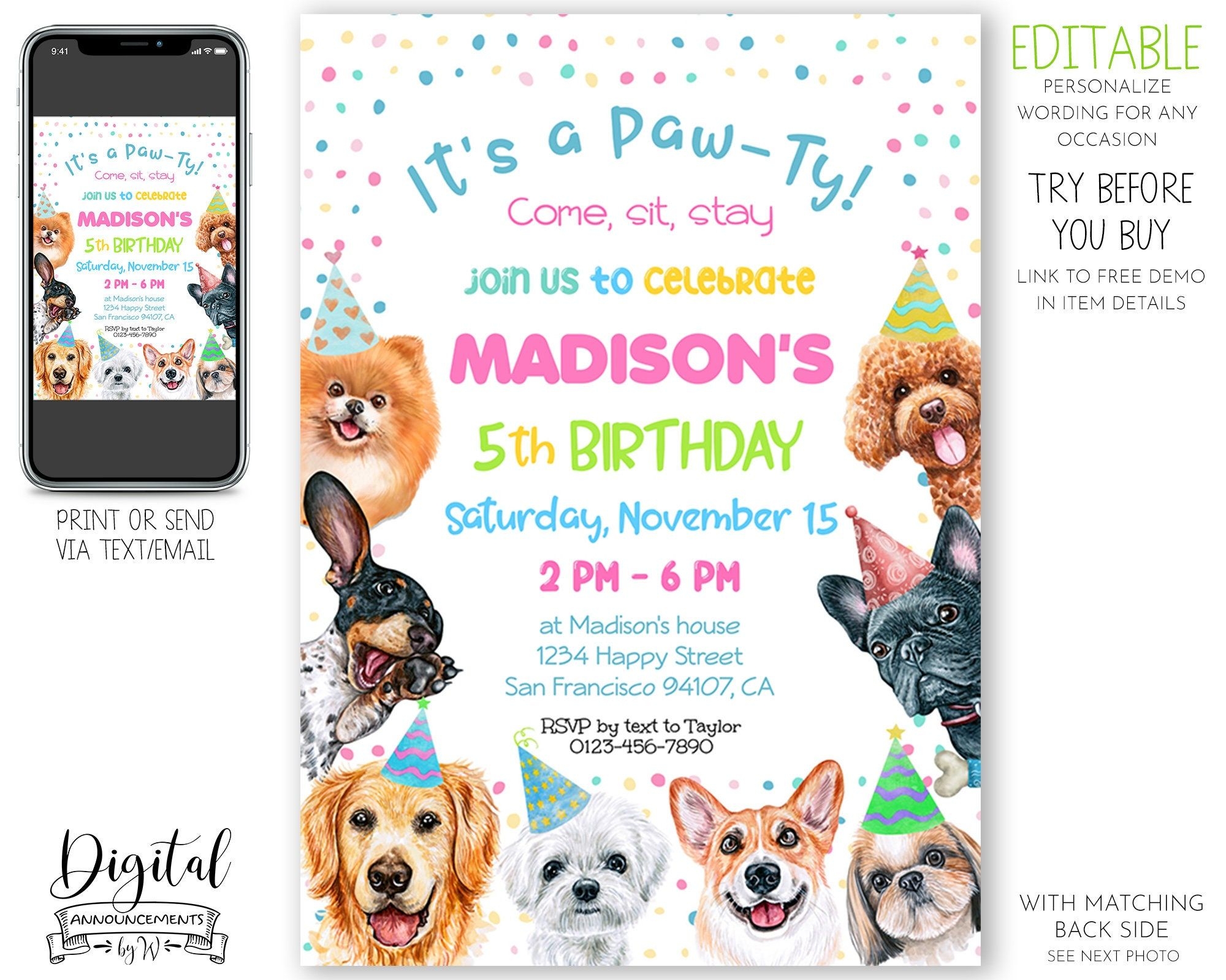 Dog Invitation Birthday Party Invite Template Puppy Pawty Boy Girl 