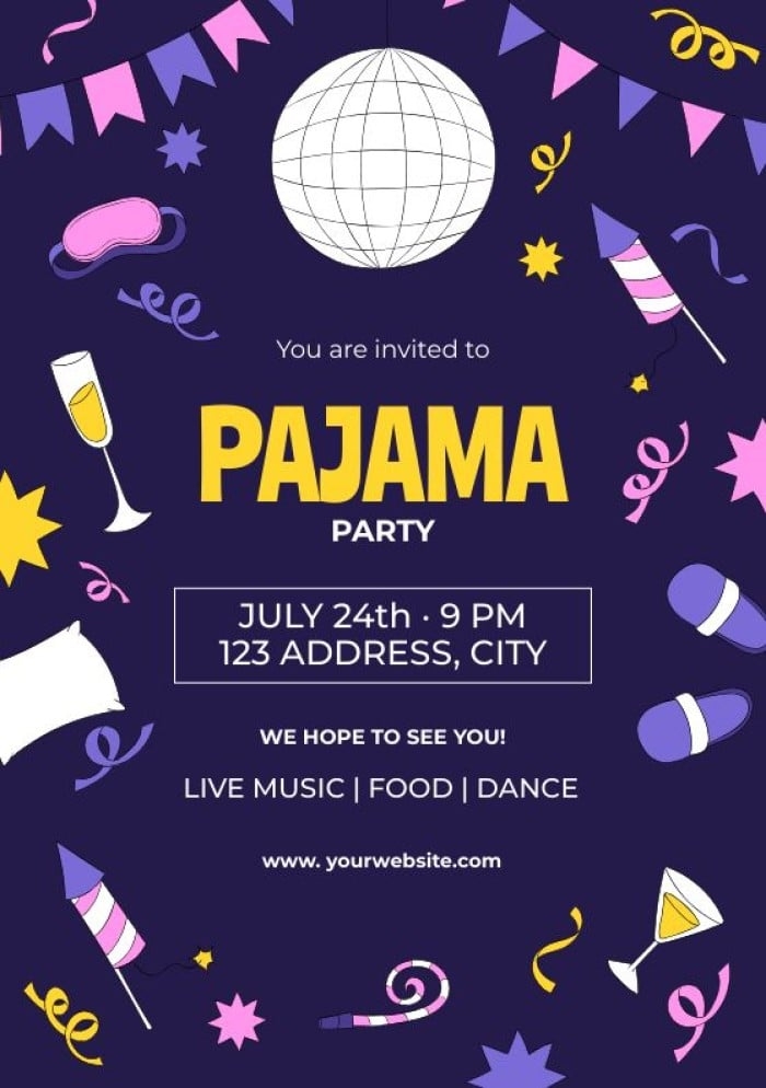 Edit This Hand drawn Disco Ball Pajama Party Invitation Template For Free
