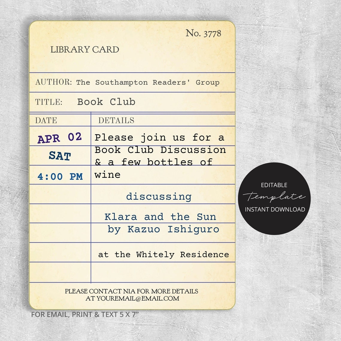 Editable BOOK CLUB Invitation Template Vintage Library Card Etsy