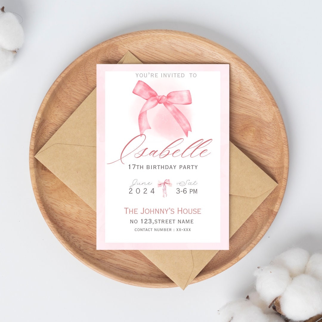 Editable COQUETTE Invitation Template Pink Bow Watercolor Pink Bows 