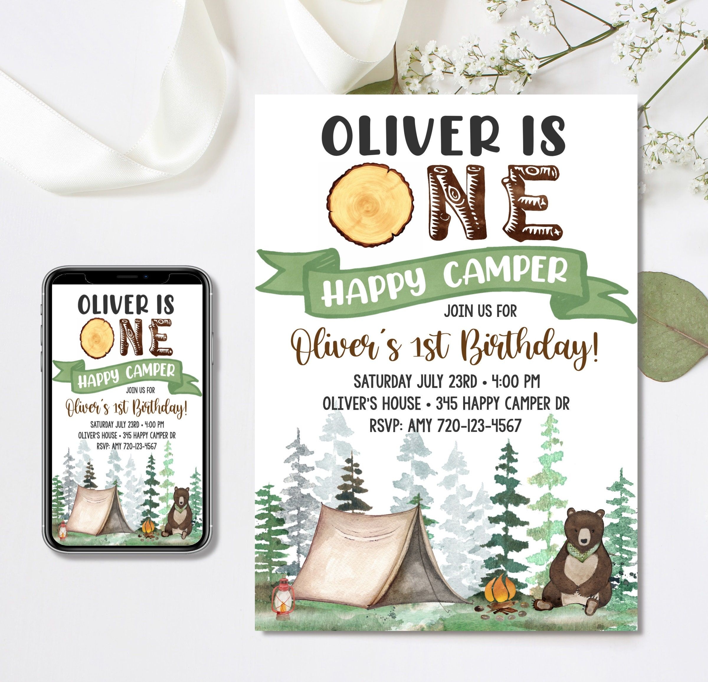 Editable Happy Camper Invitation One Happy Camper Birthday Invitation 