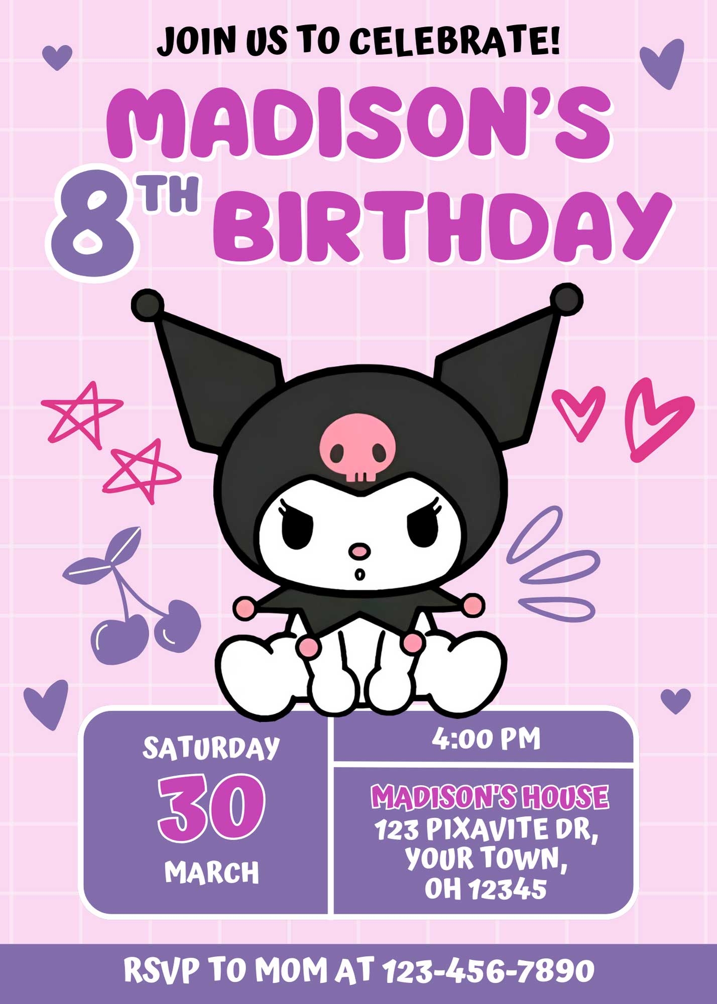 Editable Kuromi Birthday Invite Template Adorable Invitation