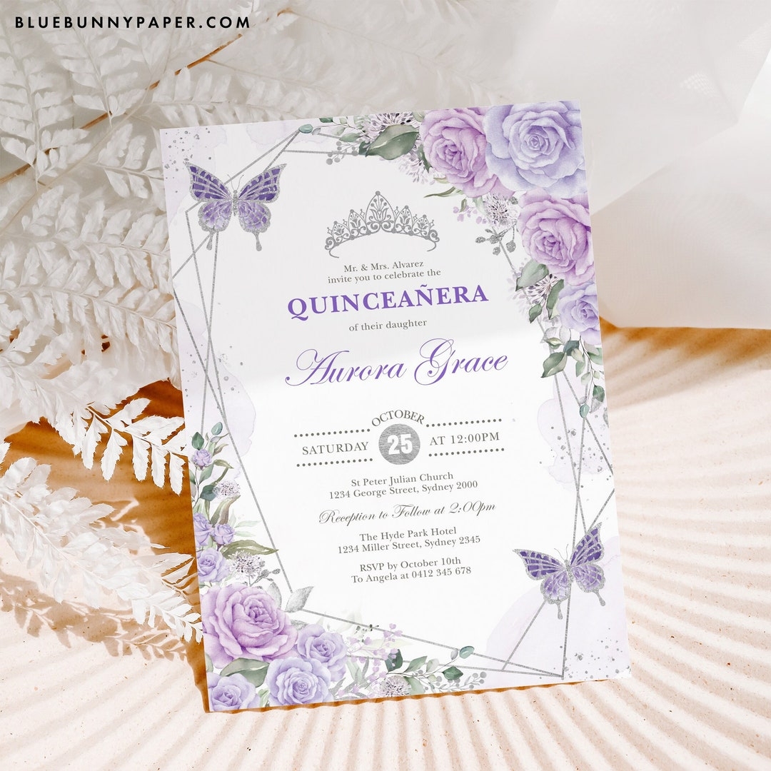 Editable Quinceanera Invitation Template Purple Lilac Silver Floral Mis Editable Quinceanera Invitation Template Purple Lilac Silver Floral Mis