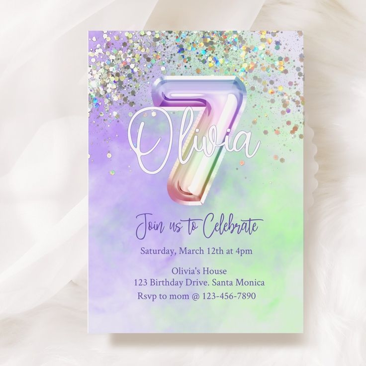 EDITABLE Seventh Birthday 7th Birthday Invitation Holographic 
