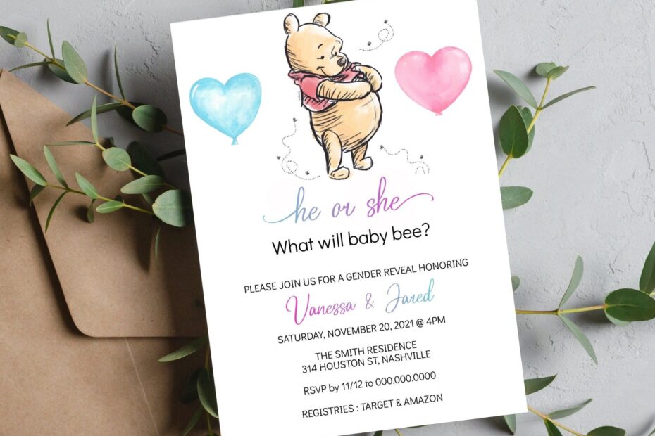 Editable Winnie The Pooh Gender Reveal Invitation Pooh Bear Invitation