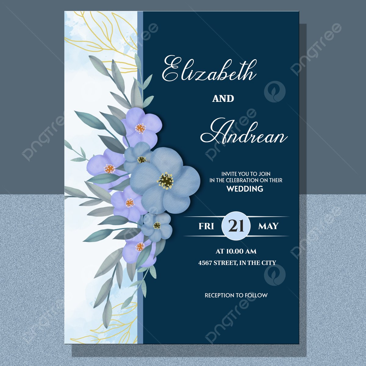 Elegant Blue Wedding Invitation Template With Beautiful Flower Template 
