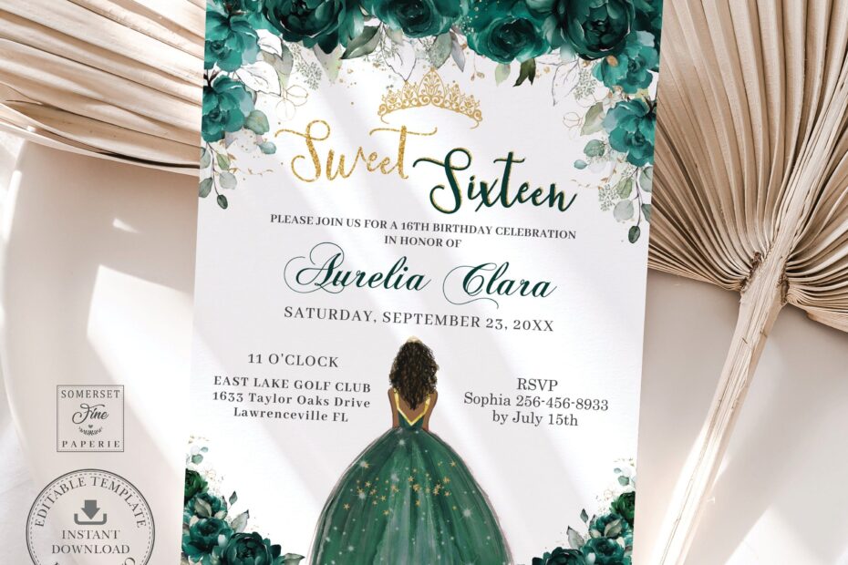 Emerald Green Floral Sweet Sixteen Invitation Printable INSTANT