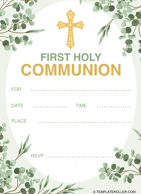 First Communion Invitation Template Green Download Printable PDF