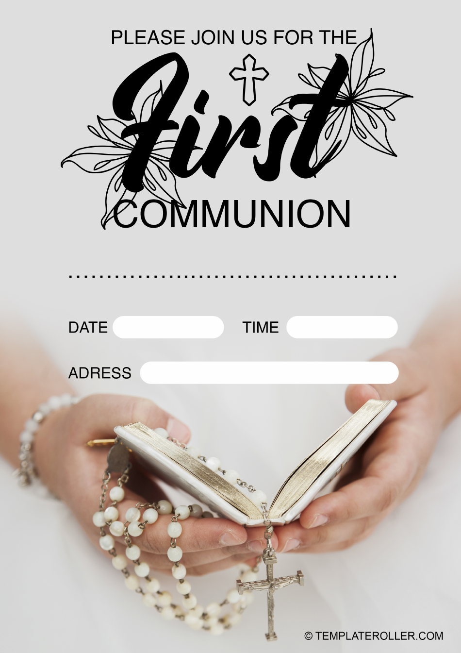 First Communion Invitation Template Grey Download Printable PDF 