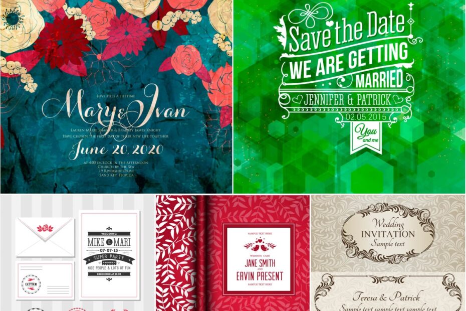Floral Wedding Invitations Templates In Retro Style Vector 2018 Free