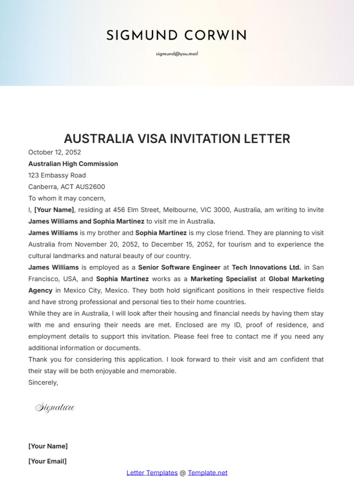 Free Australia Visa Invitation Letter Template To Edit Online