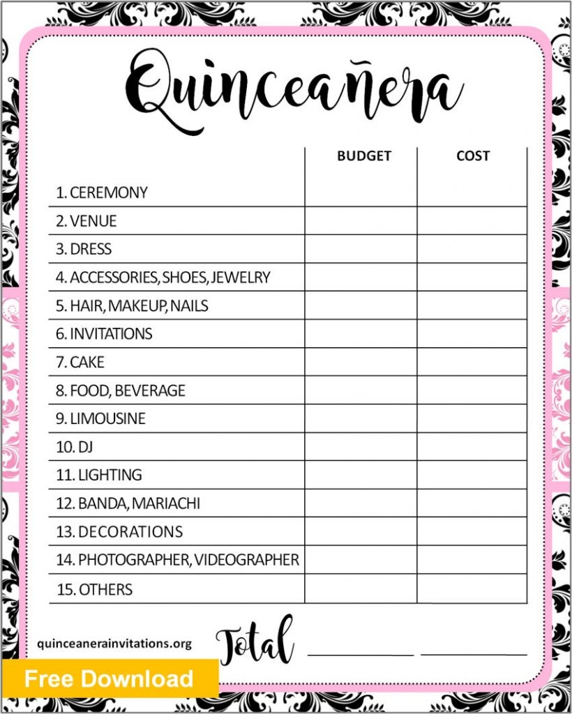 Free Printable Quincea era Budget Template Quinceanera Invitations