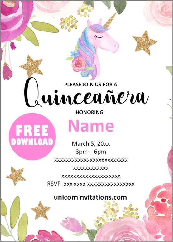 FREE Printable Unicorn Quincea era Invitations Template 