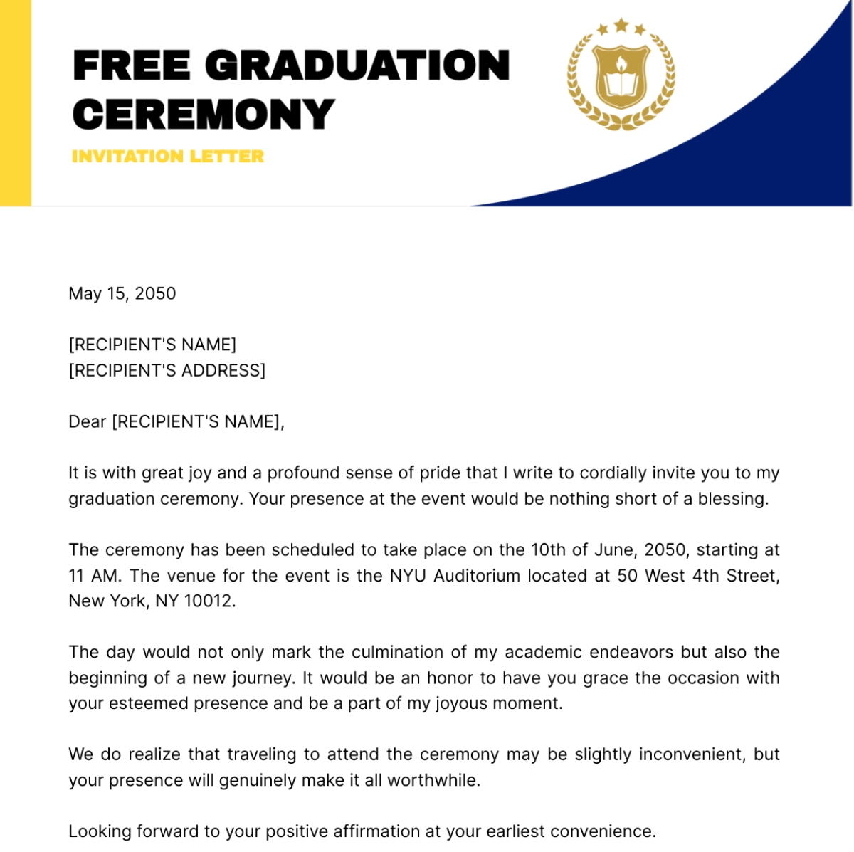 Graduation Ceremony Invitation Letter Template Edit Online Download 