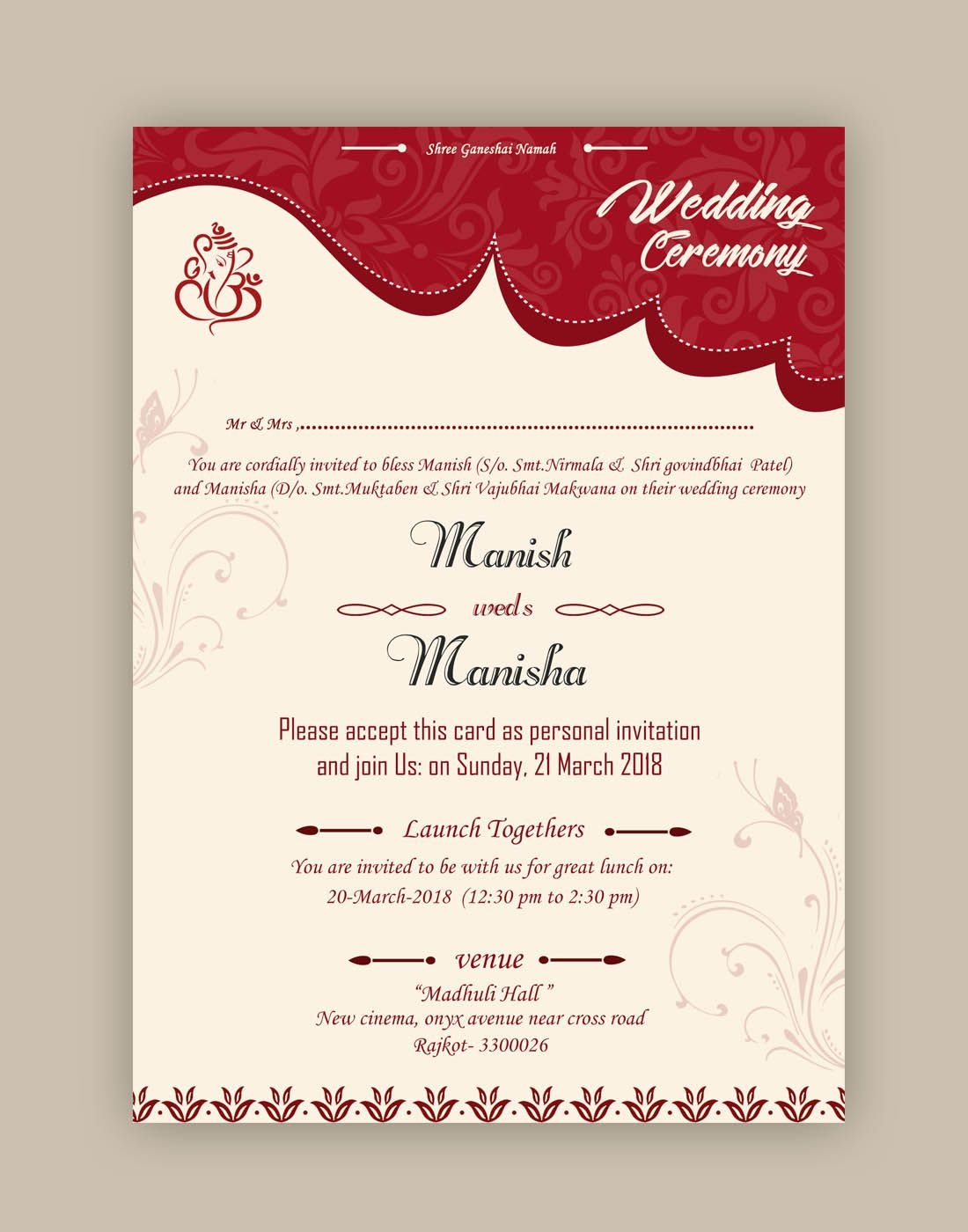 Indian Marriage Invitation Card Template Free Download Printable 