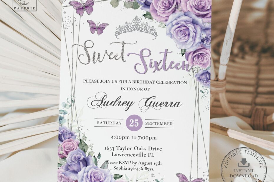 Lavender Lilac Purple Floral Sweet 16 Invitation INSTANT DOWNLOAD