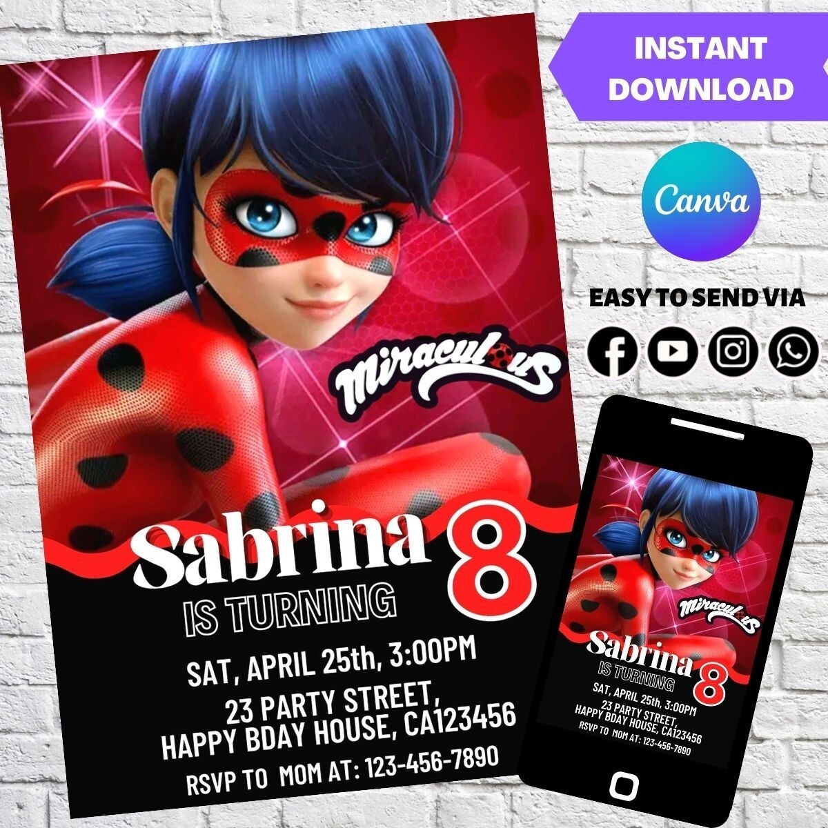 Miraculous Ladybug Digital Invitation Template