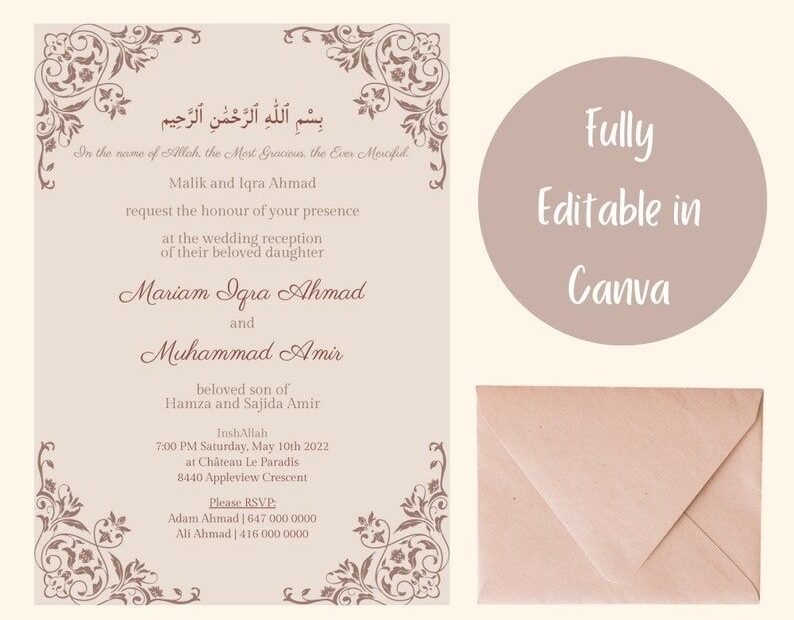 Muslim Wedding Invitation Canva Template Shaadi Nikkah Baraat Walima