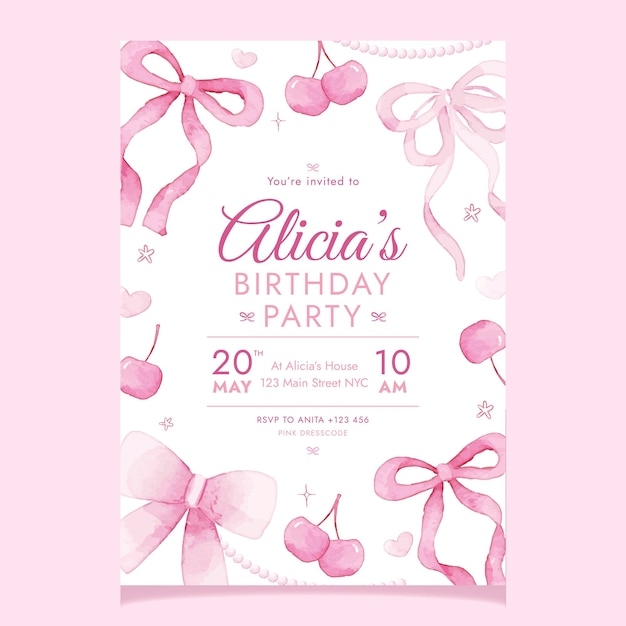 Premium Vector Pink Coquette Ribbon Bow Watercolor Flyer Invitation 
