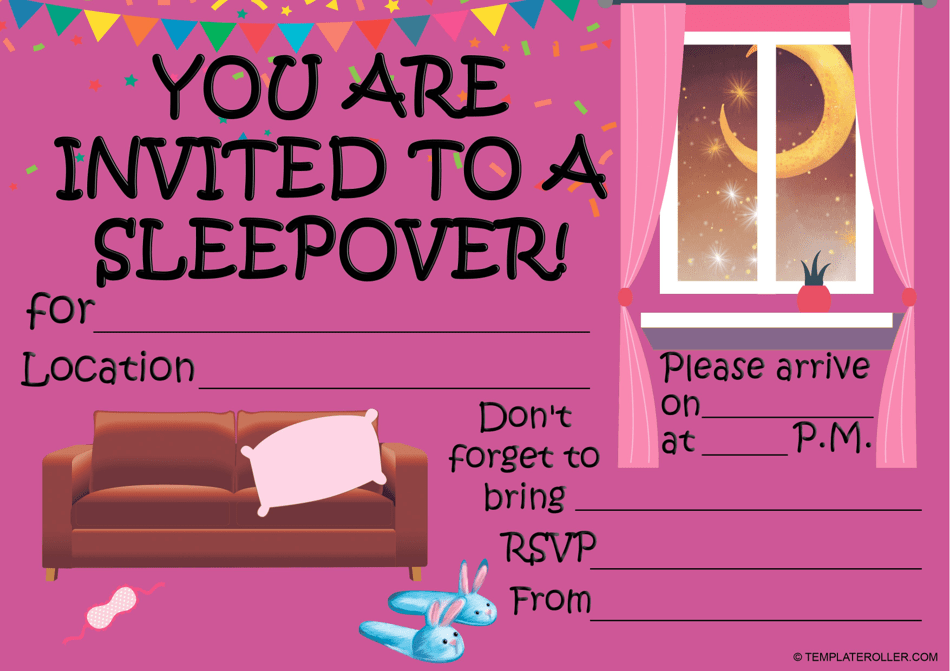 Sleepover Invitation Template Pink Download Printable PDF 