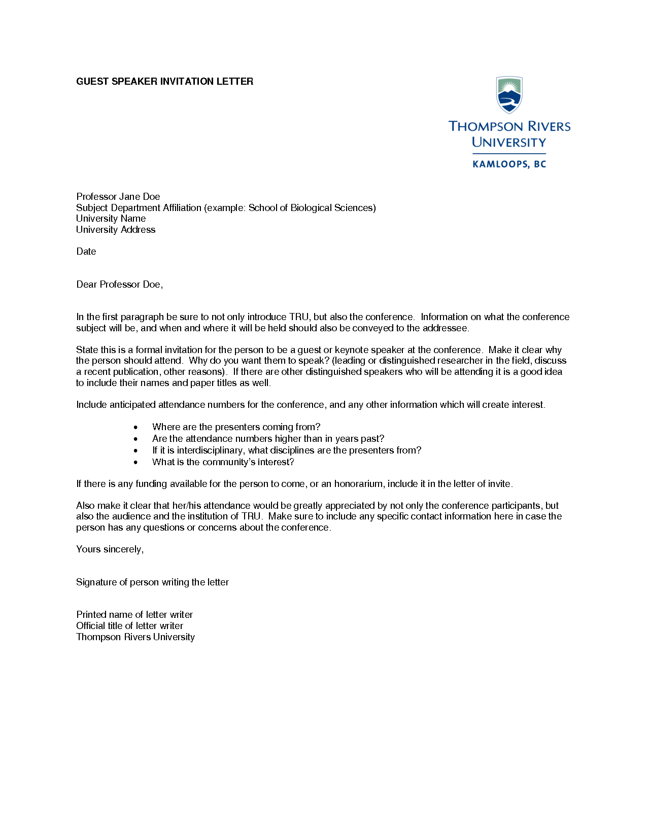 Speaker Invitation Letter Templates