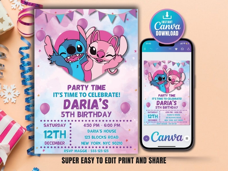 Stitch Birthday Invitation Template Editable Stitch Girls Birthday 