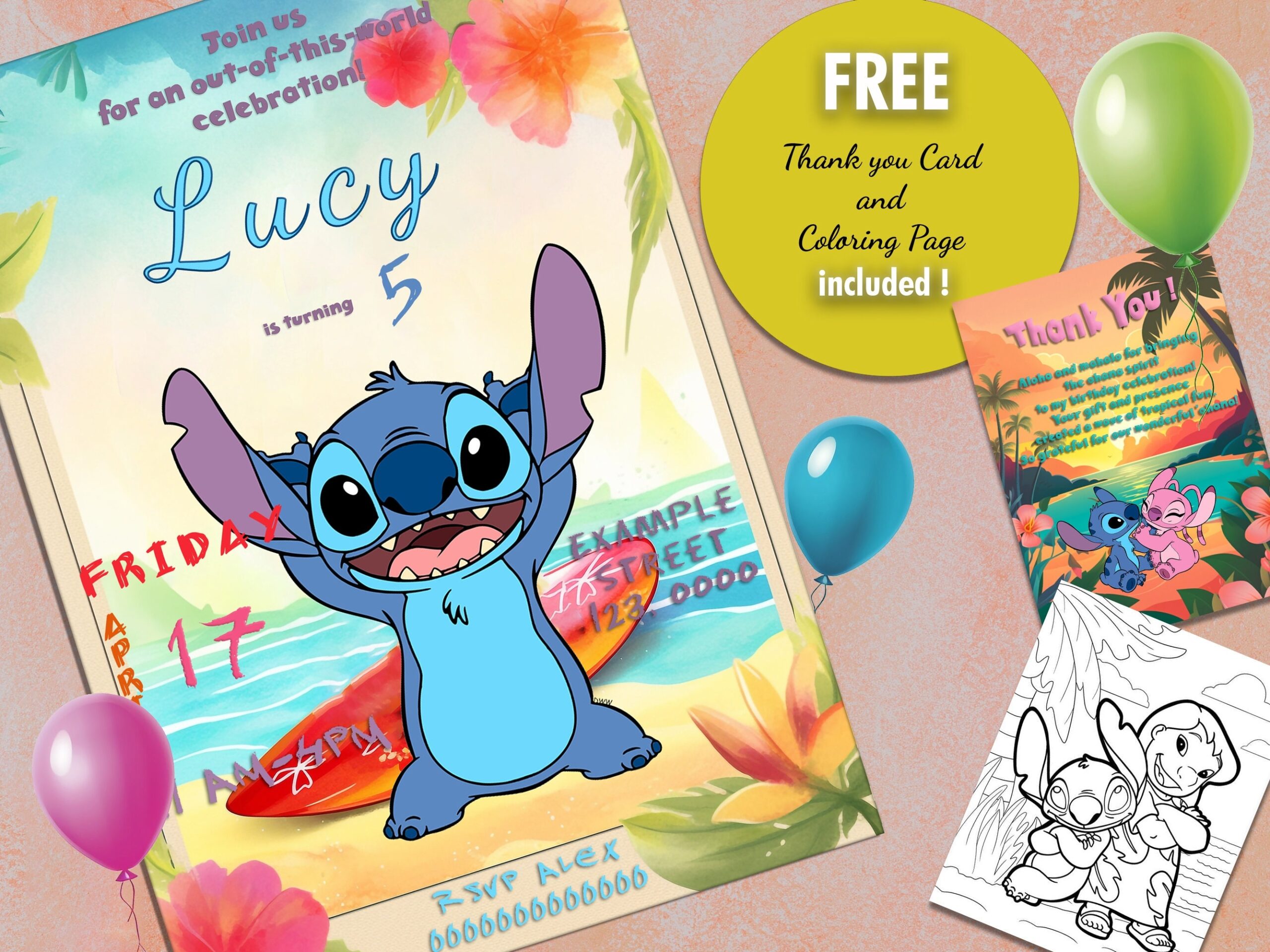 Stitch Birthday Invitation Template FREE Thank You Card Etsy