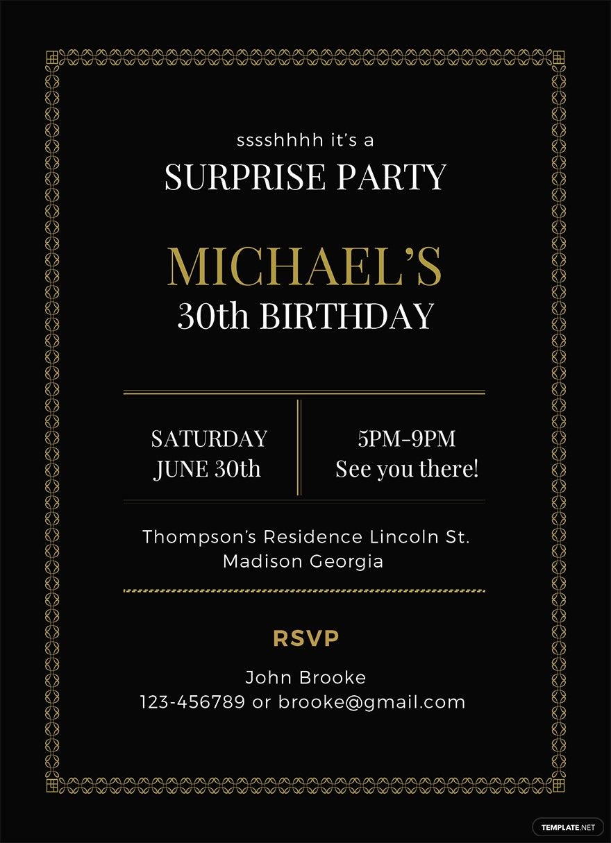 Surprise Party Invitation Template In Illustrator Word Publisher PSD 