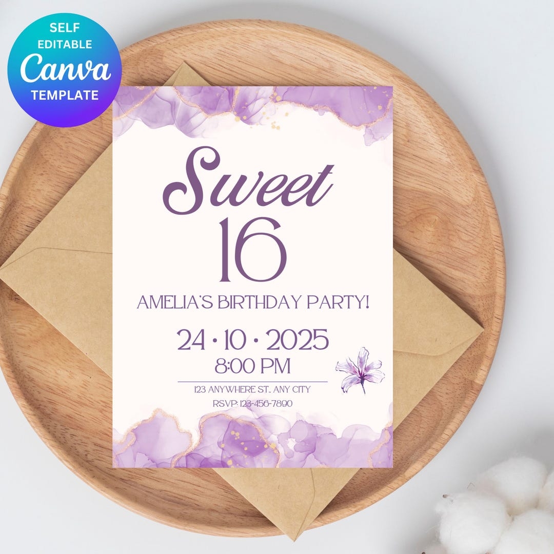 Sweet 16 Birthday Invitation Template Canva Instant Download elegant 
