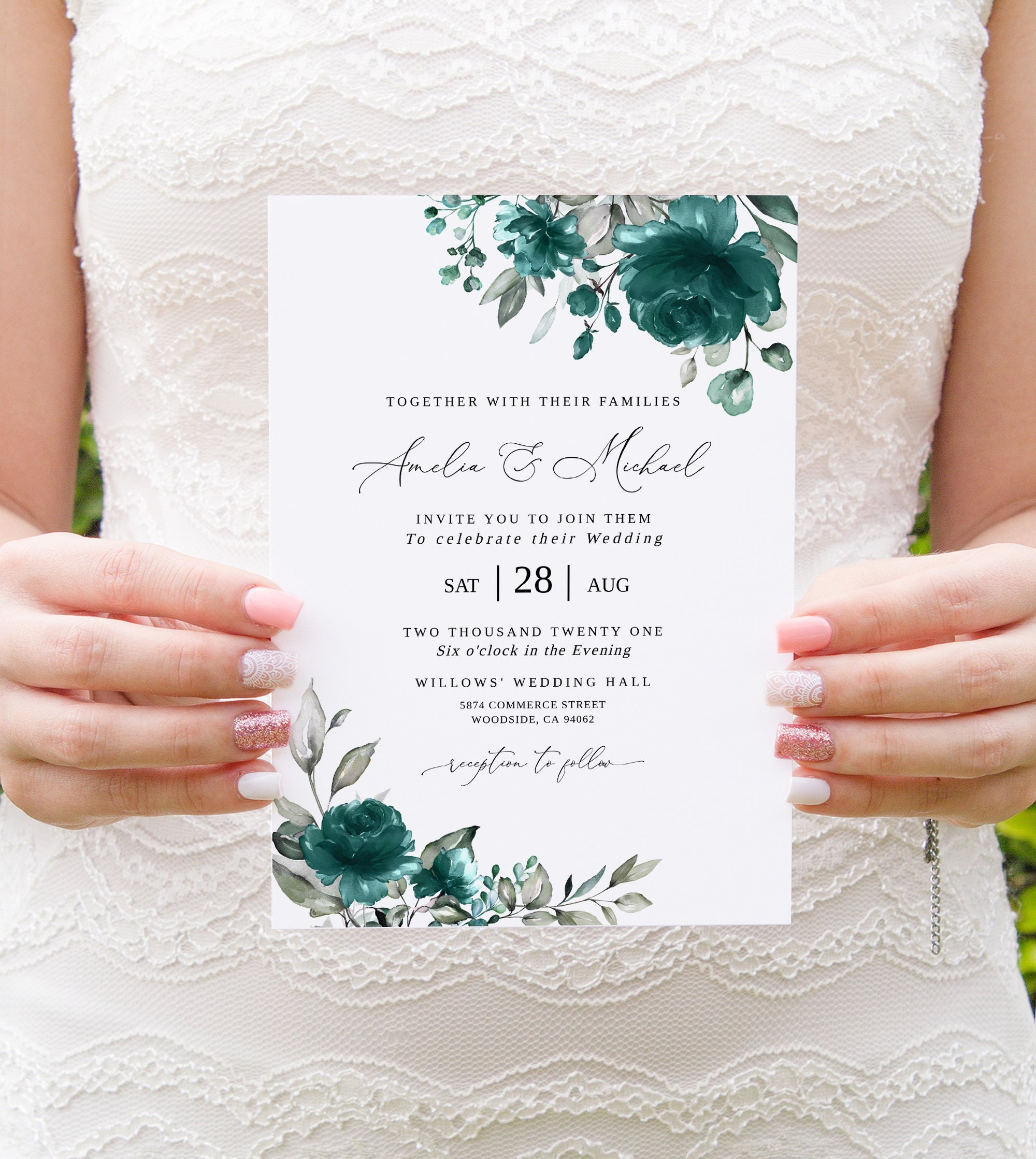 Teal Wedding Invitation Template Teal And Gray Wedding Etsy
