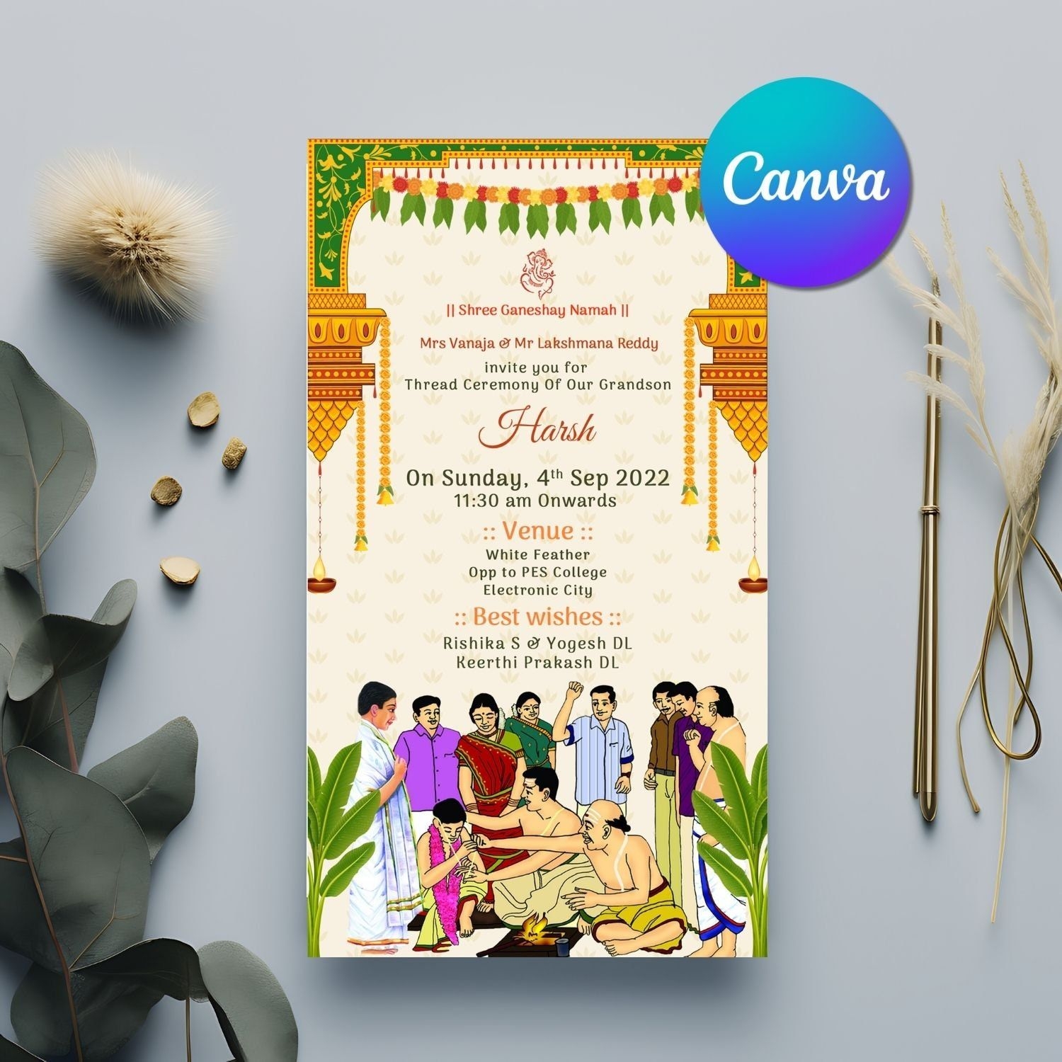 Thread Ceremony Invitation Card In Traditional Theme Canva DIY Editable 