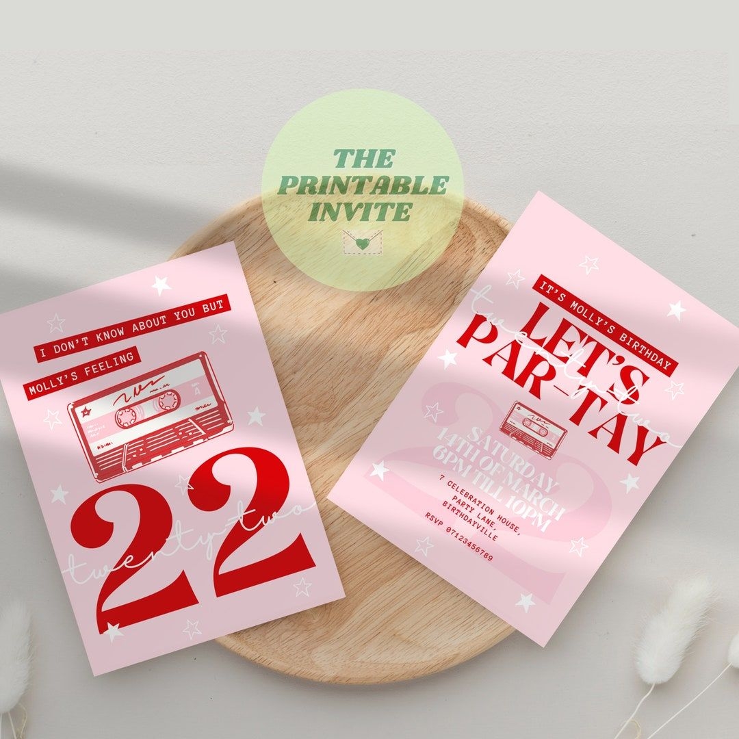 Twenty Two Taylor Swift 22nd Birthday Party Invitation Canva Template 