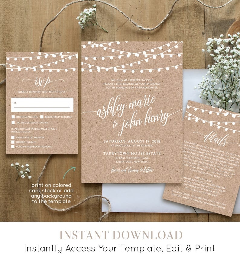 Wedding Invitation Template Printable Rustic Wood String Etsy