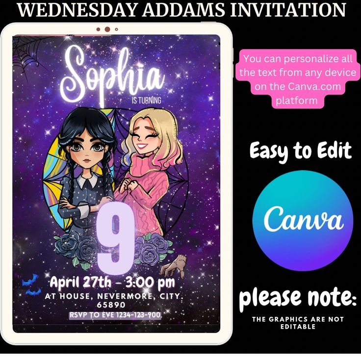 Wednesday Addams Birthday Invitation Template Canva Etsy Addams 